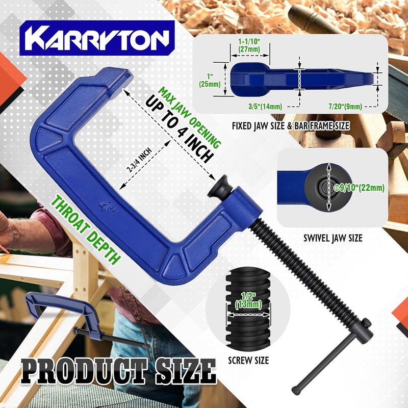 KARRYTON 4 inch C Clamps 4-Pack, 2-3/4"(70mm) Large Deep Throat, Ductile Iron C-Clamp w/ 1700LB Clamping Force, Unique Ergonomic Design for Welding, Woodworking, Metal and DIY Projects - Image 2